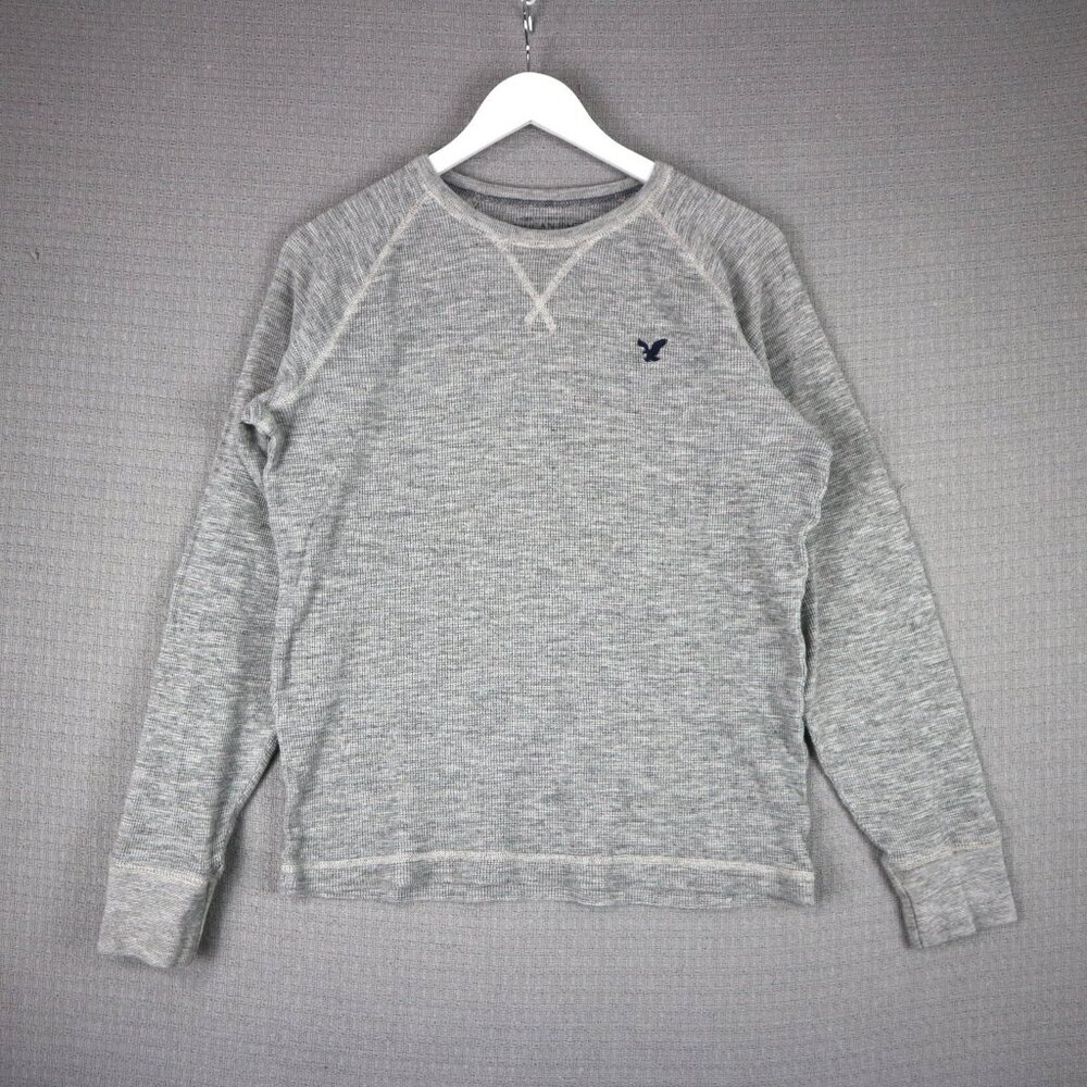American Eagle Grey Thermal Henley Waffle Knit Longsleeve Mens Large